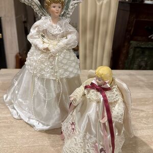 Unique Vintage White and Gold Angel Figurine set of 2 / Tree topper quite decor